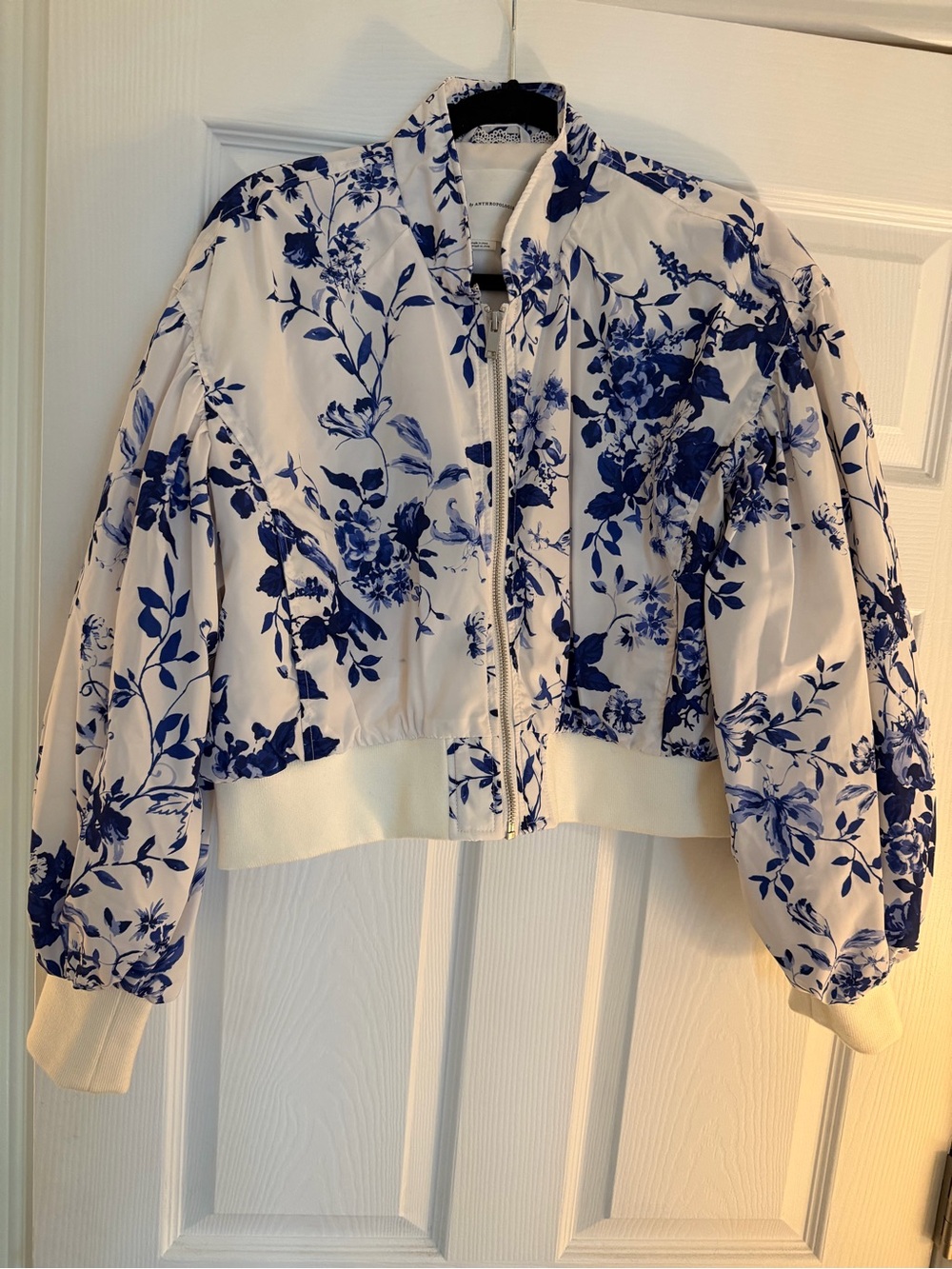 Anthropologie Women's White Bomber Jacket with Blue Floral Print